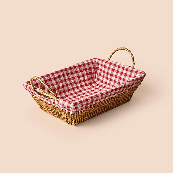 AmberHaus Doğal Rattan Kumaşlı Ekmeklik ve Sunum Sepeti - Kırmızı Kumaş Örtülü Rustik Kahvaltı ve Servis Düzenleyici (Dikdörtgen)