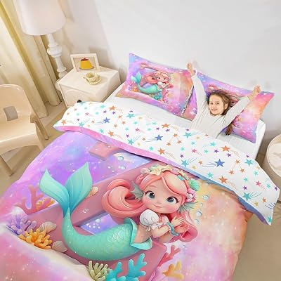 Initial Letter Z Duvet Cover Set Twin Size,Cute Mermaid Coral Shell Pink Blue Reversible Comforter Cover Not Comforter,Purple Shiny Glitter Galaxy Polyester Bedding Set Bedroom Decor, 2 Pcs