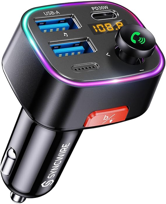 Syncwire Bluetooth 5.4 Car Adapter 48W FM Transmitter for Hands Free Calls | Light Switch, Fast Charge (PD 36W & 12W), HiFi Bass Sound, LED Display, USB Drive Support, Wireless Radio Music Adapter