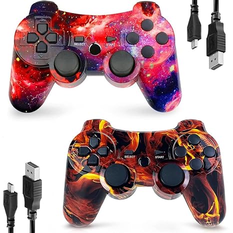 CHENGDAO Controller for PS3 Controller 2 Pack for PlayStation 3 High-Performance Wireless Controller with Double Vibration Motion Control, Flame&Galaxy