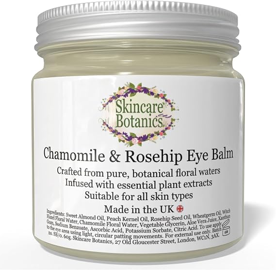 Organic & Natural Rosehip & Chamomile Eye Balm | Pure Plant Botanicals & Essential Skin Oils | Large 60 g. Glass Jar | Made in U.K.