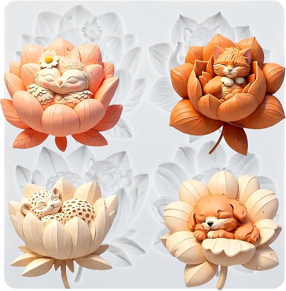 Lotus Fower Fondant Molds Cat Dog Leopard Owl Silicone Mold for Cake Decoration Cupcake Topper Chocolate Candy Gum Paste Polymer Clay