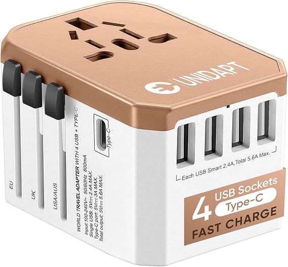 International Plug Adapter, Unidapt Travel Adapter Worldwide - All in one Universal Charger USB Travel Power Adaptor with 5 USB for EU AU UK USA - 160 Countries (Rose Gold)