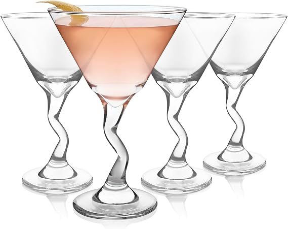 Libbey Z- Stem Martini Glasses Set of 4, Quirky, Twisted Martini Cup Set, Tall Cocktail Glasses Set for Bachelorette, Housewarming, Parties and More