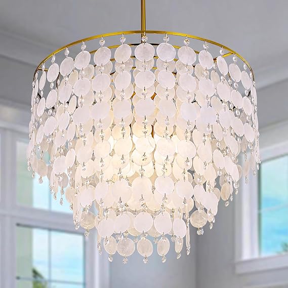 TOCHIC Natural Capiz Shell Chandelier Gold Modern Shell Pendant Light, 24"W