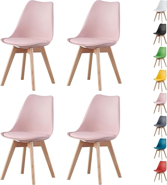 DS Furniture Set of 4 Dining Chairs Wooden Legs Soft Cushion Pad Stylish DELUXE Retro Lounge Dining Office EVA Chairs (Pink)