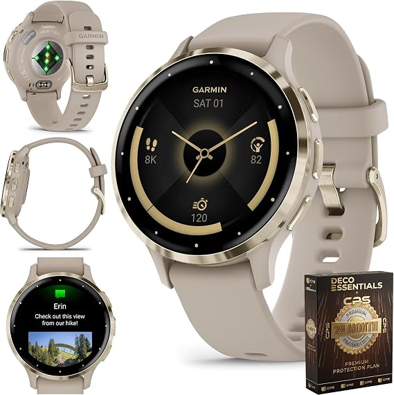 Garmin Venu 3S, Running GPS Smartwatch, AMOLED Display, Advanced Health & Fitness, Up to 10 Days Battery, Soft Gold with French Gray Silicone Band - Bundle w/Deco Essentials 26-Month CPS Plan