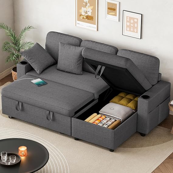 Corner Sofa Bed, L-Shaped Convertible Sleeper Sectional Sofa Bed with USB & Type-C Ports, Storage, Cup Holders and 2 Cushions, 3 Seater Linen Pull Out Couch Bed for Living Room, Bedroom, Grey
