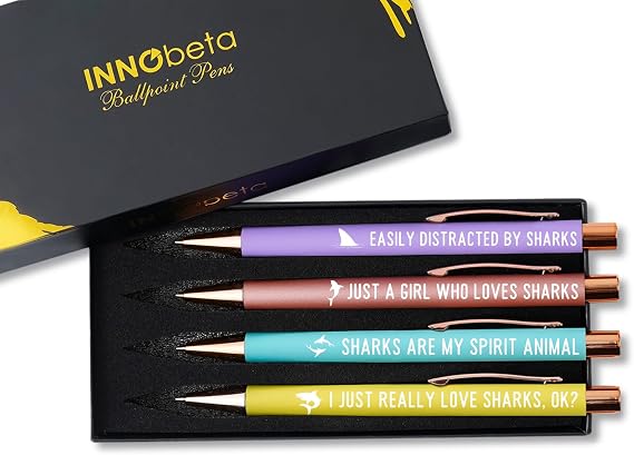 InnoBeta Shark Gifts for Women, Girls, Ballpoint Pen Set of 4, Shark Stuff for Shark Lovers, Shark Mom Gifts for Birthdays, Christmas