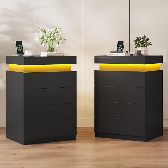 ADORNEVE Black Large Modern Night Stand Set of 2 | Tall Nightstand with Charging Station & LED Light & Sliding Top,Bedside Table with Drawers,Bed Side Tables Bedroom