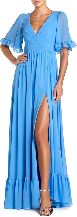 Mac Duggal Faux Wrap Ruffle Trim A Line Gown