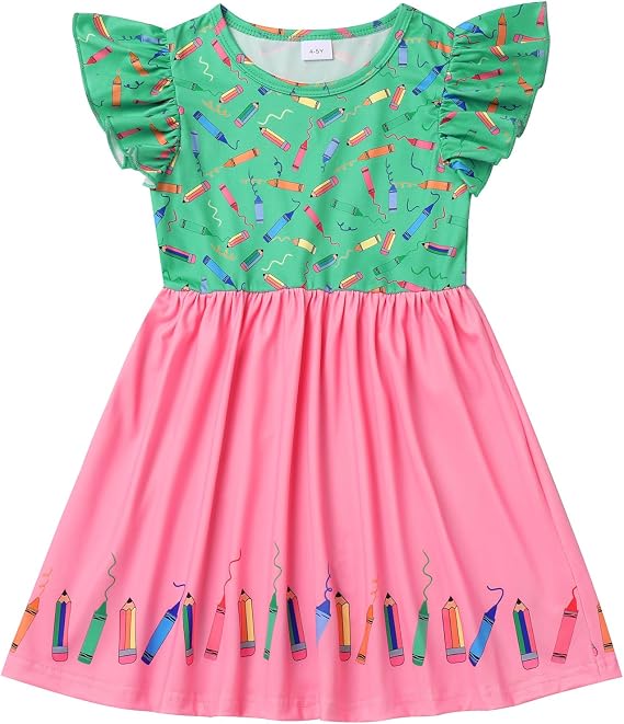 Toddler Girls Back to School Dress Apple Book Pencil Casual Flutter Dresses First Day of School Junior Summer Dress
