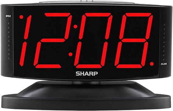 Sharp Outlet-Powered Alarm Clock with Swivel Base, Red LED and Dimmer | Outlet powered; Swivel base; Large red LED digits; Adjustable brightness; Snooze; Simple controls; Midnight Black