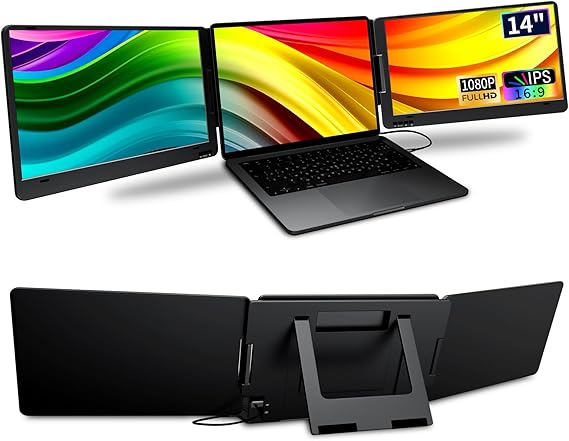 KPKUE 14-inch Laptop Screen Extender Monitor One Cable Dual Screen 1920x1080 IPS Triple Monitor Compatible 12''-16'' Laptop（Mac Windows Chrome）