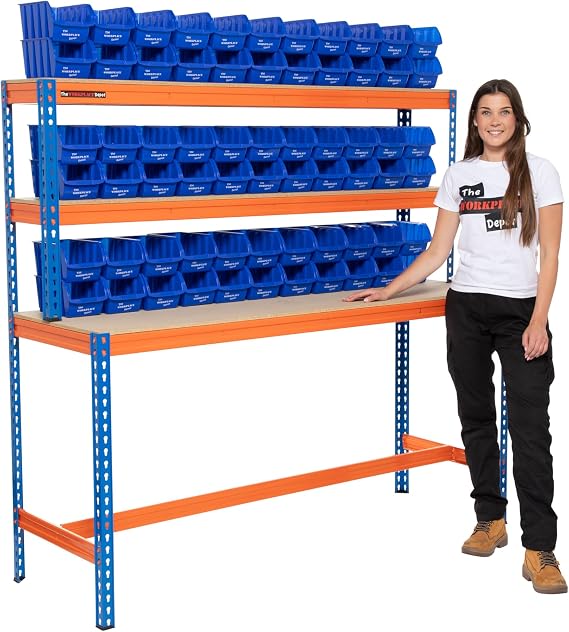 Large Garage Workbench, Heavy Duty 400kg UDL Blue/Orange Workstation with MDF Shelves (with x70 Medium Blue Bins)