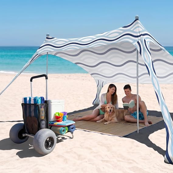 Sekey Beach Wagon with 12" Big Wheels for Sand, Heavy Duty Collapsible Beach Cart and Beach Shade Sun Shelter UPF 50+ 6.5x6.5 FT Portable Beach Canopy