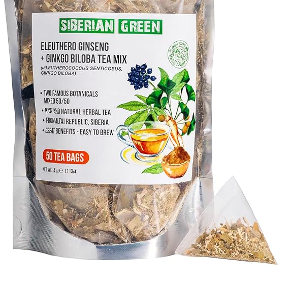 Siberian Green Ginkgo Tea Bags with Ginseng Root Mix 50Pcs Natural Pure Eleuthero Tea from Siberia Non-GMO, No Fillers Infusion Bags Equal Plant Ratio Convenient and Easy to Brew
