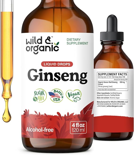 Wild & Organic Korean Panax Ginseng Extract Liquid Drops - Immunity - 4 oz | Immune & Energy Support - Red Ginseng Root Supplement - Add to Tea - No Sugar & Alcohol-Free Tincture - Natural, Plant-Based
