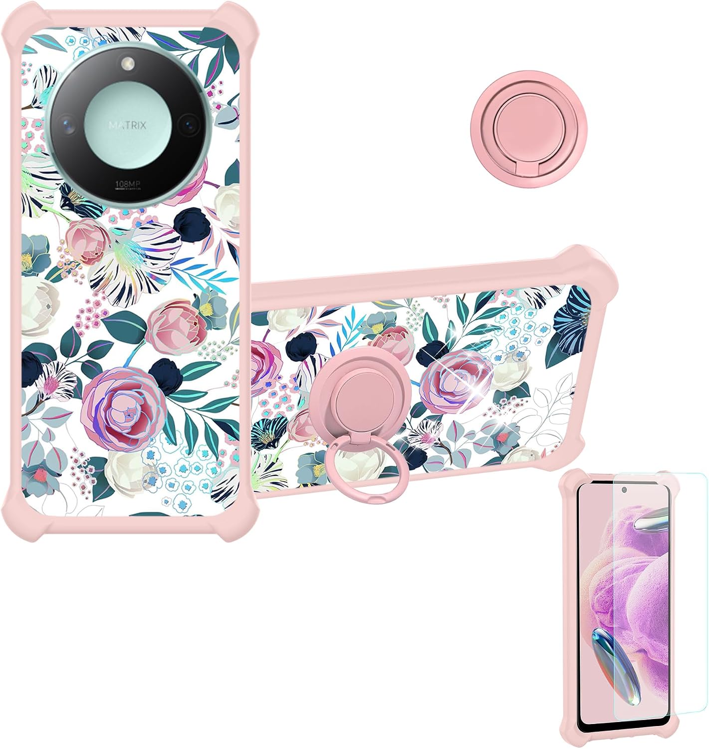 Case Compatible for Honor X9c Smart Phone Case Cover with 1 Tempered Glass Screen Protector Hard PC  Soft Silicone Ring Support Colorful Reflect Light IMDF-HUA3