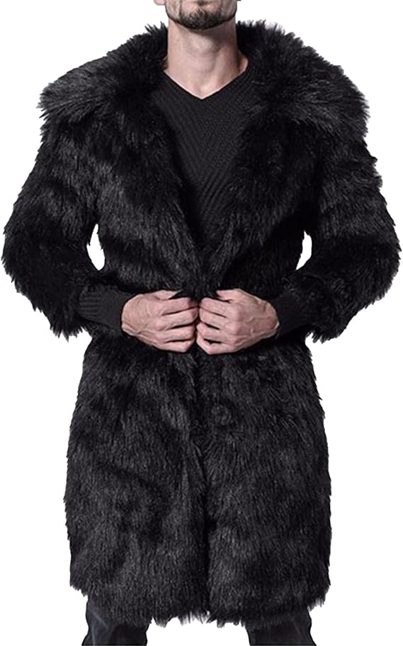 Faux Fur Coat for Men Winter Fluffy Coat Long Parka Overcoat Lapel Open Front Warm Fuzzy Shearling Trench Coat