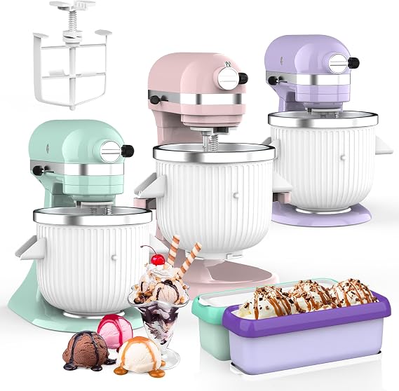 Ice Cream Maker Attachment for KitchenAid Stand Mixer,Compatible with 4.5/5QT/6QT Mixers,2 Homemade Ice Cream Containers,2 Quart for Kitchenaid Mixer Attachments Frozen Yogurt/Sorbet Gelato Maker