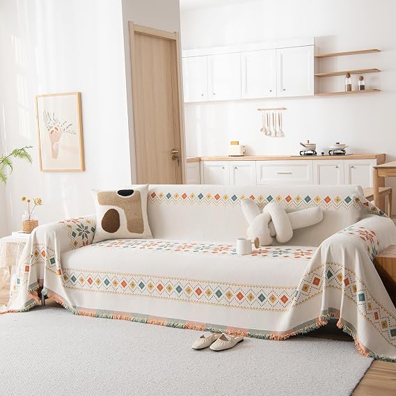 Beige Boho Couch Cover Chenille Sofa Cover Blanket Washable, Large 71"x118"