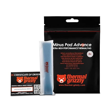 Thermal Grizzly Minus Pad Advance - 120x20x2.0mm 4-Pack Thermal Interface Pad, Electrically Non-Conductive, High Thermal Conductivity & Compressibility for SSDs, GPUs & Electronics
