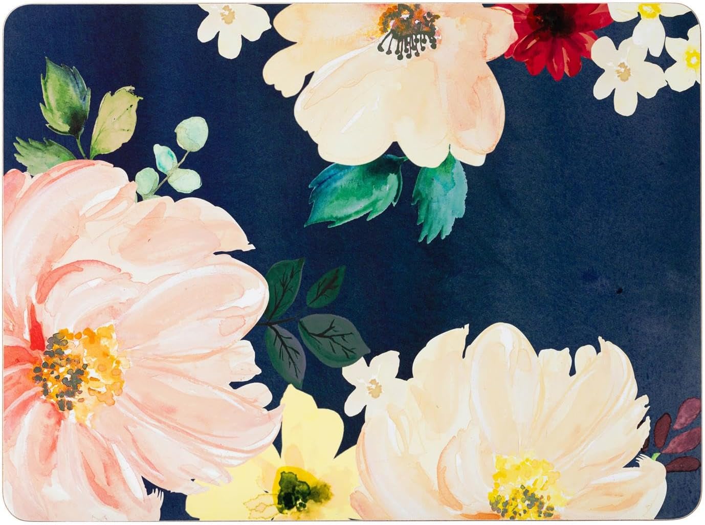 Cork Backed Placemats with Floral Design, Navy Blue Background with Pink and Cream Flowers, Set of 4