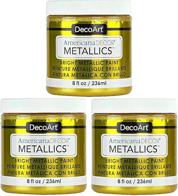 DecoArt Americana Decor Metallics Paint 24K Gold, 3 Pack (8 fl oz) DIY Metallic Paints for Canvas, Wood & Craft Projects