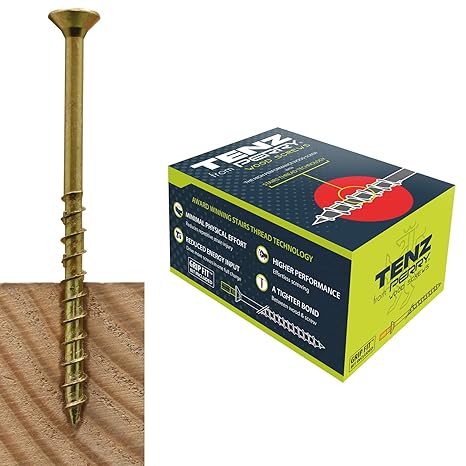 TENZ from PERRY Multi Purpose Wood Screws 6.0mm x 150mm Box of 50 Countersunk Pozi Drive Woodscrews Yellow Passivated with Stairs Thread Technology