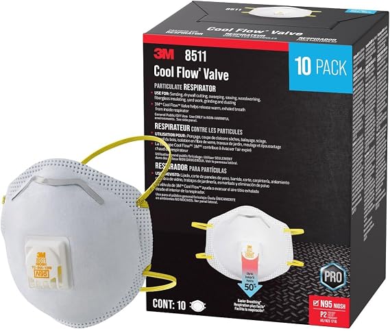 3M, N95 Respirator 8511, N95, Features Cool Flow Exhalation Valve, Relief from Dusts and Certain Particles During Sanding, Pollen, Mold Spores, Dust Particles (8511Db1-A-Ps), 10 Count