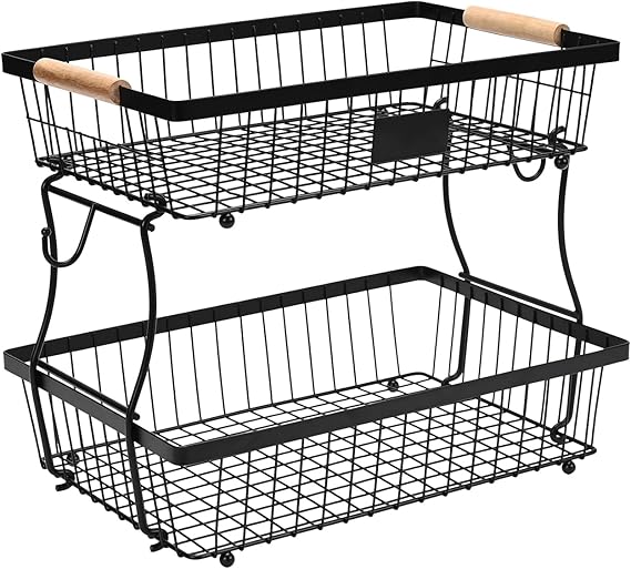 Fruit Basket Bowl 2 Tier Detachable with 2 Banana Hangers, Fruit Stand Holder for Kitchen Countertop, Metal Wire Vegetable Storage Organizer, for Bread Snack Veggies Produce, Black