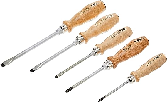 Felo by Bondhus 07157 22155 Slotted & Phillips Wood Handle Screwdrivers, Set of 5, Chrome Finish Blade W/Beechwood Grip, 715722155, 1pack