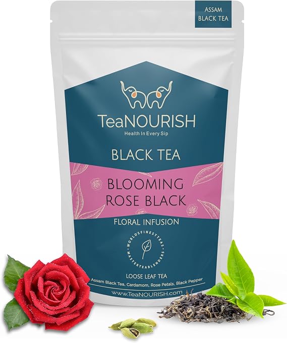 TeaNOURISH Blooming Rose Black Tea | Assam Loose Leaf Tea | Robust & Flavorful | Blended with Rose Petals, Cardamom, Saffron & Almond | 100% NATURAL INGREDIENTS - 3.53oz/100g