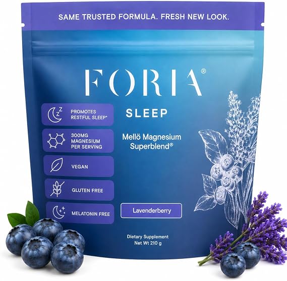 Foria Mello Magnesium Powder Supplement - Magnesium Glycinate Sleep Support Powder with L-Theanine & GABA - Calming Drink Mix for Deep Sleep, Relaxation & Stress Support - Lavenderberry, 30 Servings