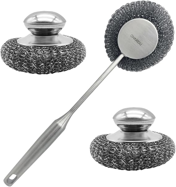 Stainless Steel Wool Scrubber Set, Long Handle & Handle Brushes, Metal Brush for Pots, Pans, Grills & Cutlery Cleaning (3 Pack)