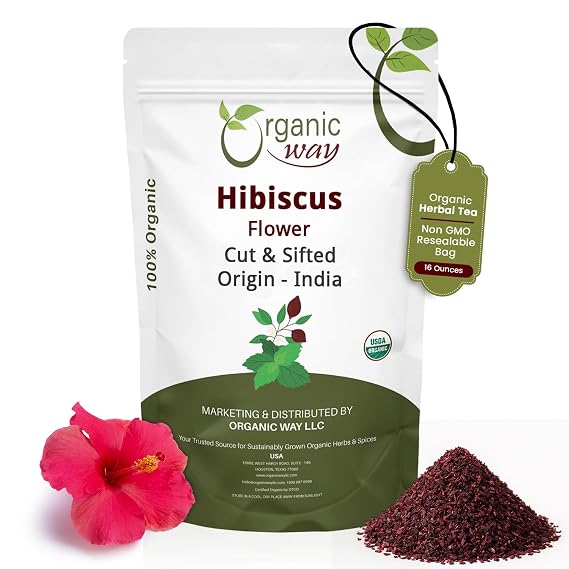 Organic Way Dried Hibiscus Flower Cut & Sifted - Herbal Tea (16 Oz)