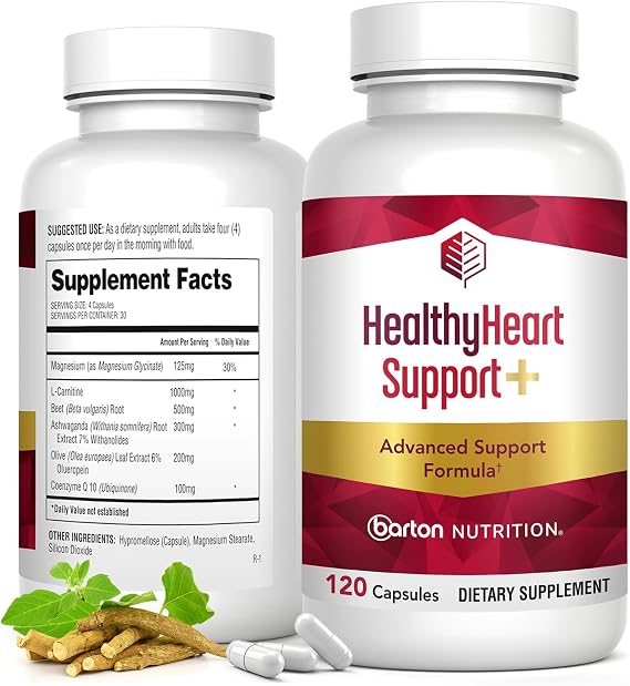 HealthyHeart Support+ 6-in-1 Heart Health Supplements, 1 Month Supply | with Ashwagandha, CoQ10, Beet Root, Olive Leaf, Magnesium & L-Carnitine, Made in USA, Doctor-Formulated | 120 Capsules