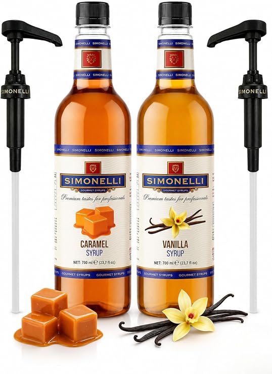SIMONELLI CHOCOLATE Kahve ve Kokteyl Şurubu Karamel Aromalı + Vanilya Aromalı 70 CL + 2 ADET POMPA