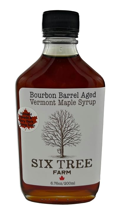 Bourbon Barrel Aged 100% Pure State of Vermont Maple Syrup, 200ml Glass Flask Grade A Very Dark - Rich Oak & Caramel Flavor Artisan Small Batch Syrup - Great Gift for Food & Bourbon Lovers - Handcrafted in VT