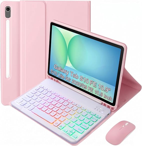 Keyboard Case for Samsung Galaxy Tab S10 FE/S10 Lite/S9 FE 10.9 2025/Galaxy Tab S9 11 Inch 2023, Mouse and Detachable Bluetooth Backlit Keyboard, Folio Cover with Pen Holder (Pink)