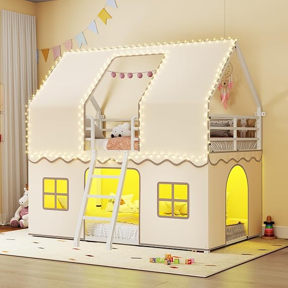 BTHFST Girls Bunk Bed Twin Over Twin, House Loft Bed with LED Lights