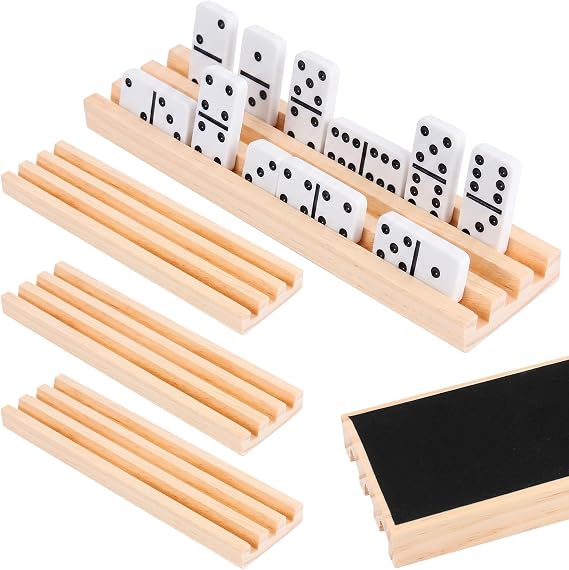 Natural Wood Domino Racks 4 Pack, Premium Domino Tiles Holder with Non-slip Base for Word Tiles, Mexican Train, Mahjong & Chickenfoot Games, Dominoes NOT Included