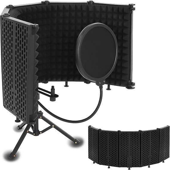 Microphone Isolation Shield with Tripod Stand & Pop Filter for Studio | 5-Fold Adjustable Design, Foldable Acoustic Foam Panels, Portable Setup for Voice Recording Streaming & Vocal Work