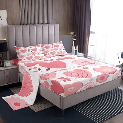 Girls Love Heart Bed Sheet Twin Size,Pink Rose Flower Botanical Leaves for Kids Boys Bedding Set Room Decor,Romantic Pink Sweety Boho Fitted Sheet,Geometric Love Pattern Top Flat Sheet,1 Pillowcase
