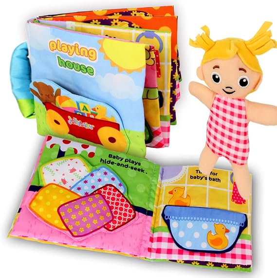 Jollybaby Soft Books for Babies, Cloth Books Touch and Feel for 0-12 Months Toys, Infant Tummy-Time Soft Crinkle Activity Book, Educational Toy with 9 Sensory Items, Toddler Busy Books
