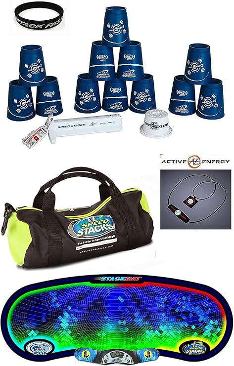 Speed Stacks The Works Custom Combo Set: 12 Blue PRO Series Choi 4" Cups, Cup Keeper, Quick Release Stem, Pro Timer G4, Mat, Gear Bag + Active E Necklace $49 Value