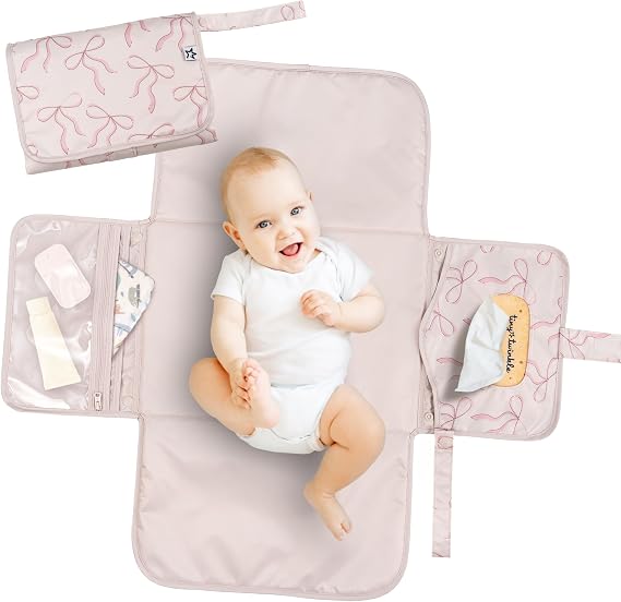 Tiny Twinkle Portable Diaper Changing Pad | Waterproof, Wipeable & Compact Baby Changing Pad for Travel | Smart Wipes Pocket & Organized Storage| Newborn Shower Gift (Bows)