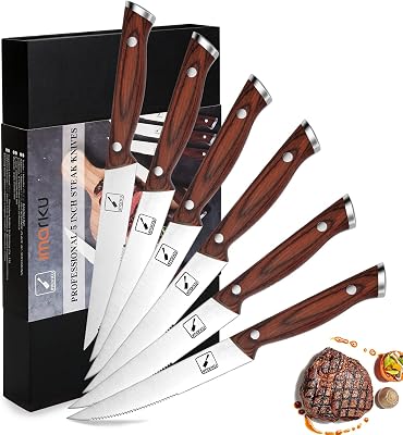 imarku Steak Knives, Serrated Steak knives Set of 6, Japanese HC Steel Knife Set, Premium Serrated Carbon Stainless Steel Steak Knife with Gift Box,9 InchesPiece, Silver