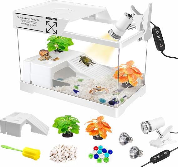 GOZILLA Mini Turtle Tank Kit with Lamp, Upgrade PC Turtle Tank Starter Kit with Adjustable Lamp,Reptile Habitat with Lid,Basking Platform for Baby Turtles and Hermit Crab.(11.8×7.24×7.1''/White Kit)